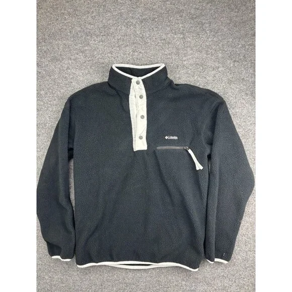 Columbia Fleece Pullover Mens Medium Gray Snap Front Mock Neck Pocket Warm - Picture 1 of 7